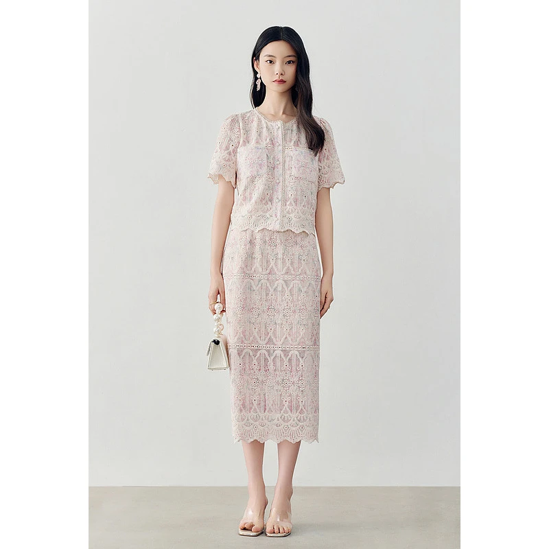 爱客夏季套装裙2025轻熟风设计感镂空半身裙两件套YA24220H002