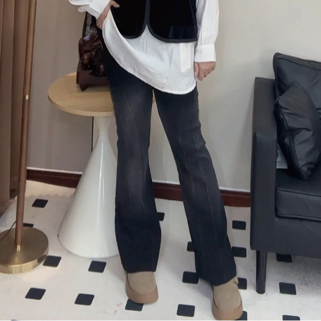 春秋新款大码女装牛仔裤渐变色裤子微喇叭长裤高腰弹力显瘦时尚