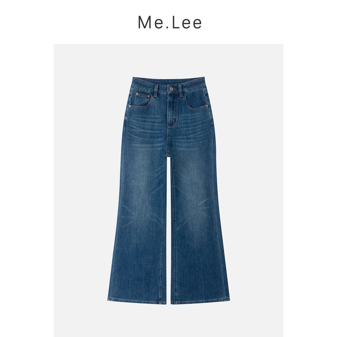 Ms.Lee秋季蓝色高腰牛仔裤女装直筒喇叭复古时尚宽松