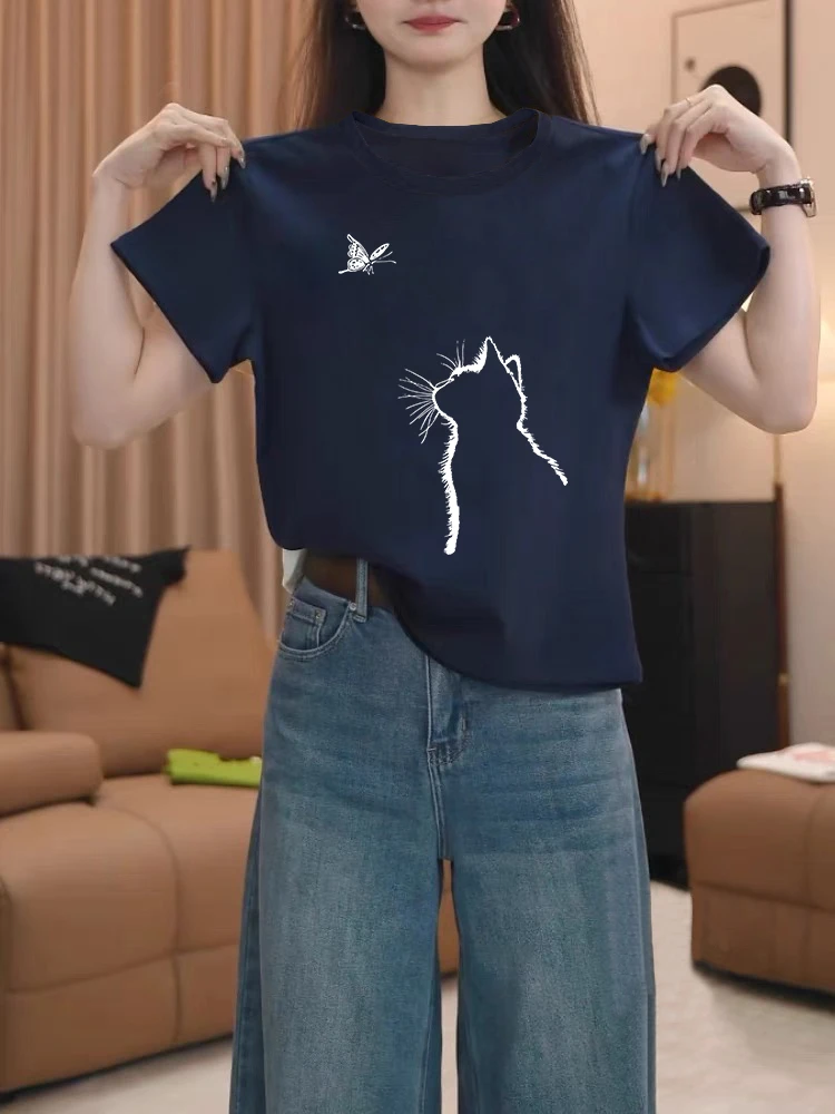 藏蓝色正肩宽松t恤女时尚半袖新款常规款短袖夏季百搭简约上衣ins