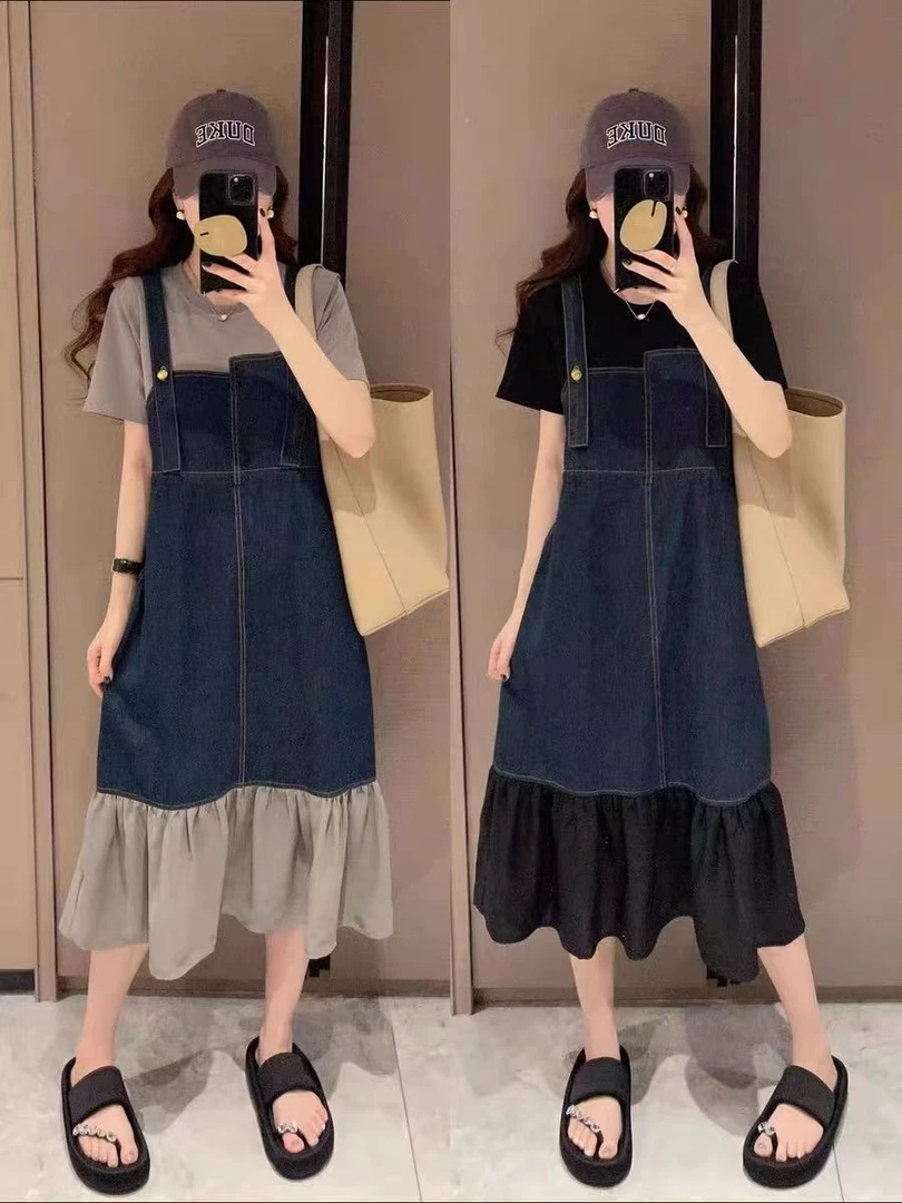 大码女装连衣裙假两件拼接牛仔显瘦背带连衣裙