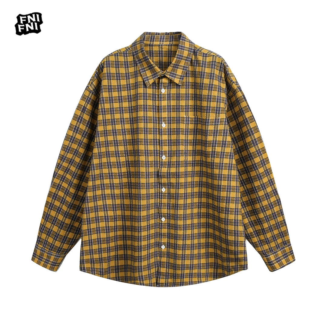 国潮纯棉美式复古流行格子衬衫粉黄色早春季25年新款