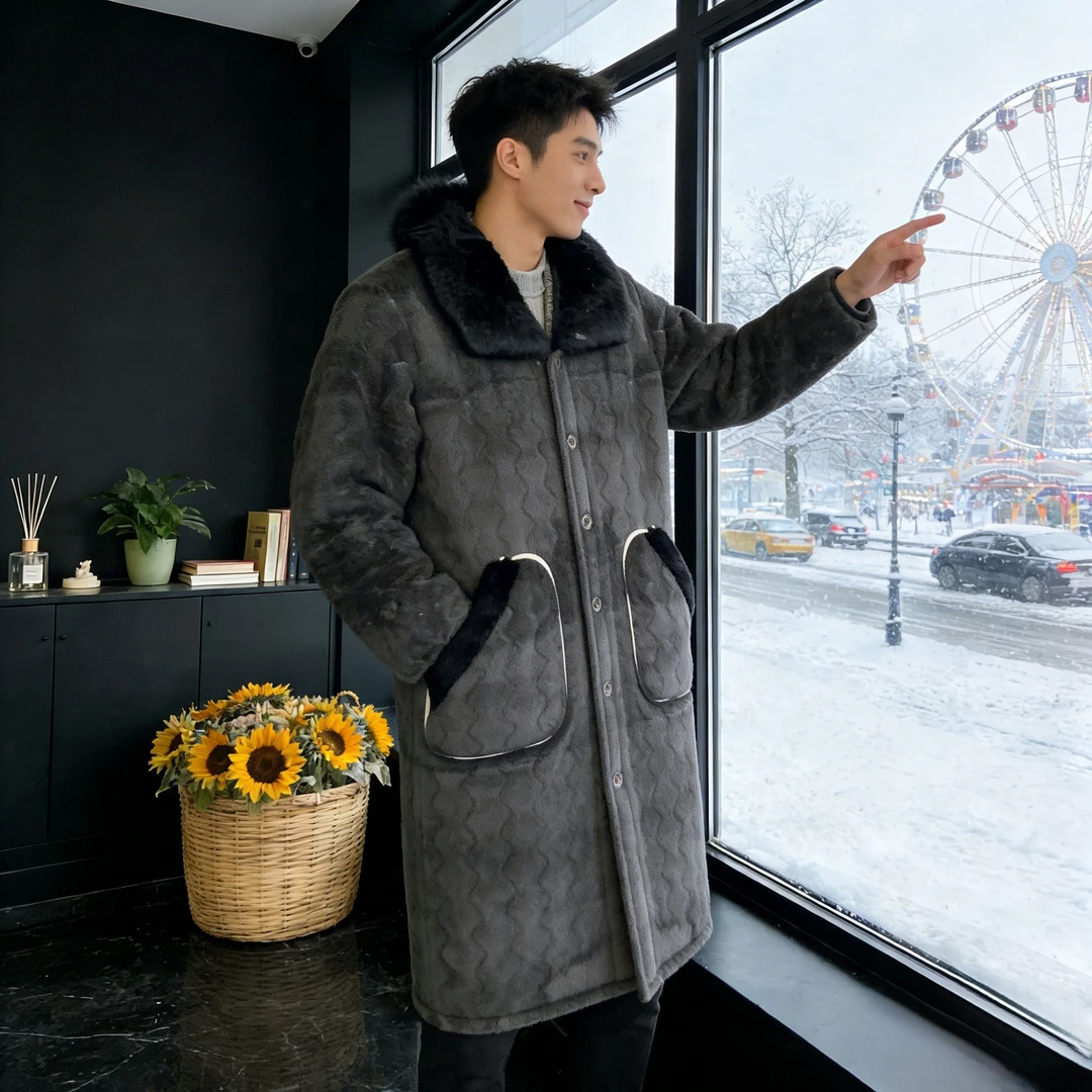 【0308长袍】睡衣男士夹棉长袍家居服棉服加绒冬季保暖加厚毛翻领