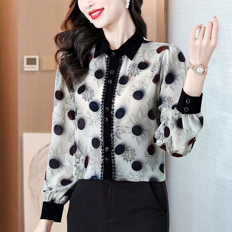 高级感气质波点印花长袖衬衫女春季新款休闲百搭遮肚显瘦小衫上衣