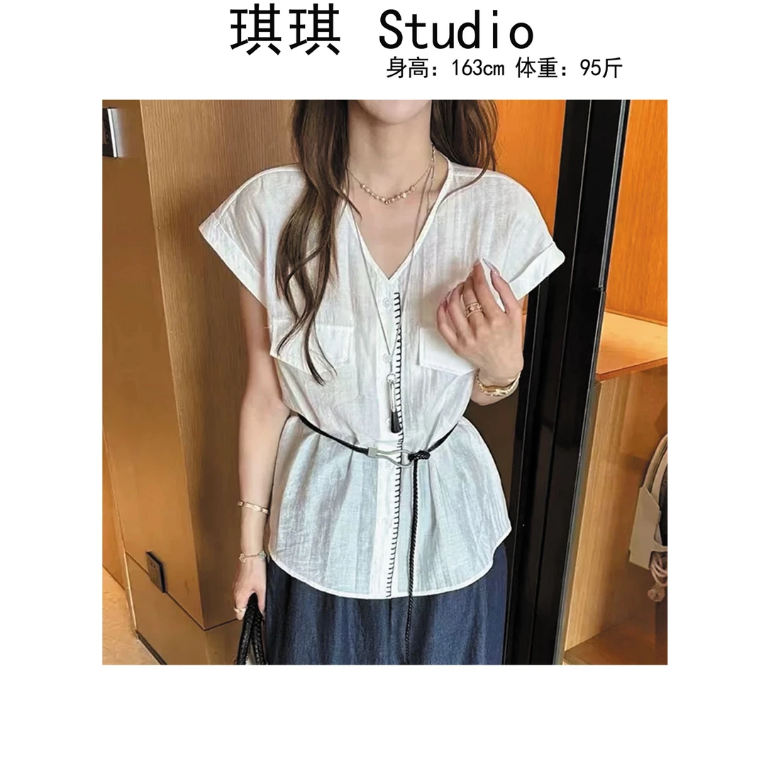 《琪琪家》夏季新款潮流气质时尚单排扣拼色明线带腰带上衣25315-H