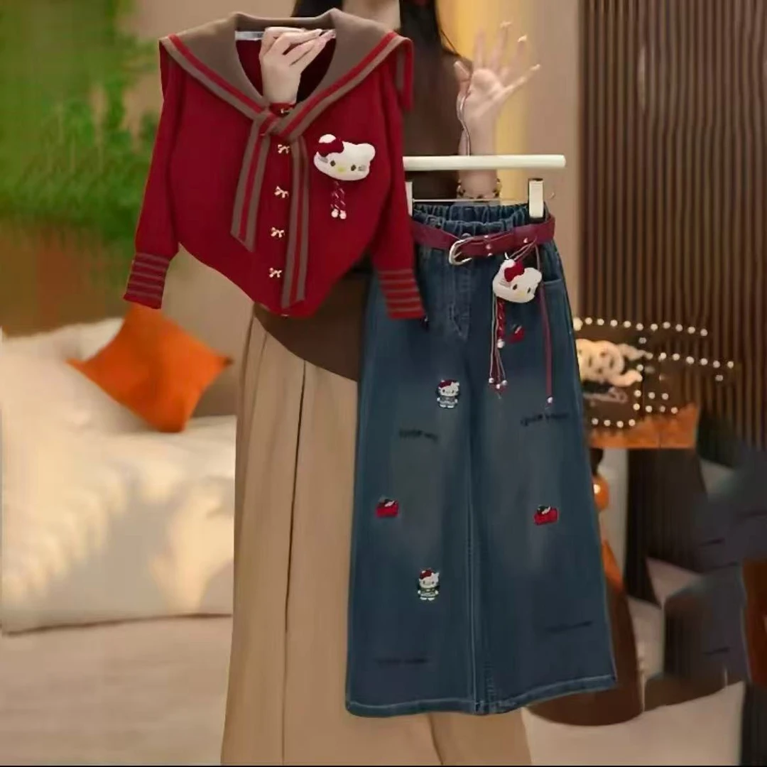 女童送腰带猫咪条纹红色针织衫秋冬潮款新款中大童毛衣套装潮