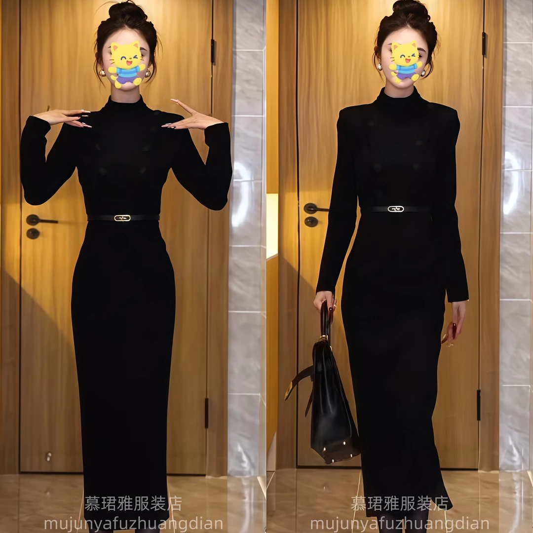 欧货高档新款连衣裙女2025名媛精致腰带两排扣显瘦长款包臀裙