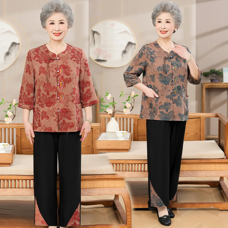 奶奶夏装衬衫新中式妈妈装夏季套装老人唐装两件套老太太夏天衣服