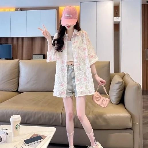 冰丝薄款雪纺短袖衬衫女夏季2025新款宽松小个子防晒服上衣外套潮