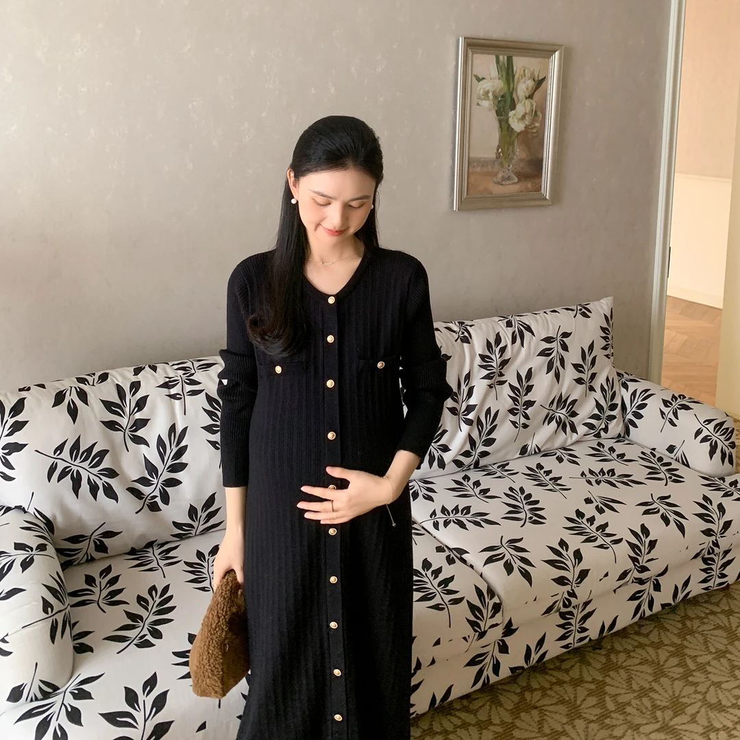 ZMA孕妇装【v领小香风】春秋连衣裙2025新款长袖针织长裙孕妇裙秋装
