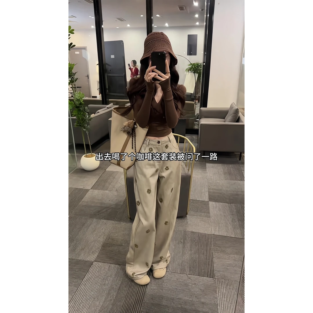 秋季打底衫交叉V领褶皱长袖内搭上衣撞色拼接阔腿裤休闲直筒裤女