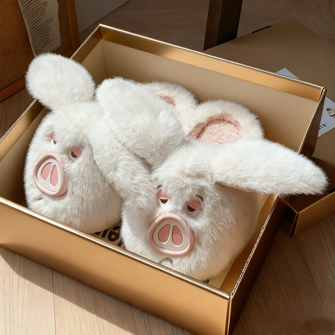 可爱飞天猪毛绒防滑棉拖鞋女款冬季室内居家保暖厚底卡通加厚
