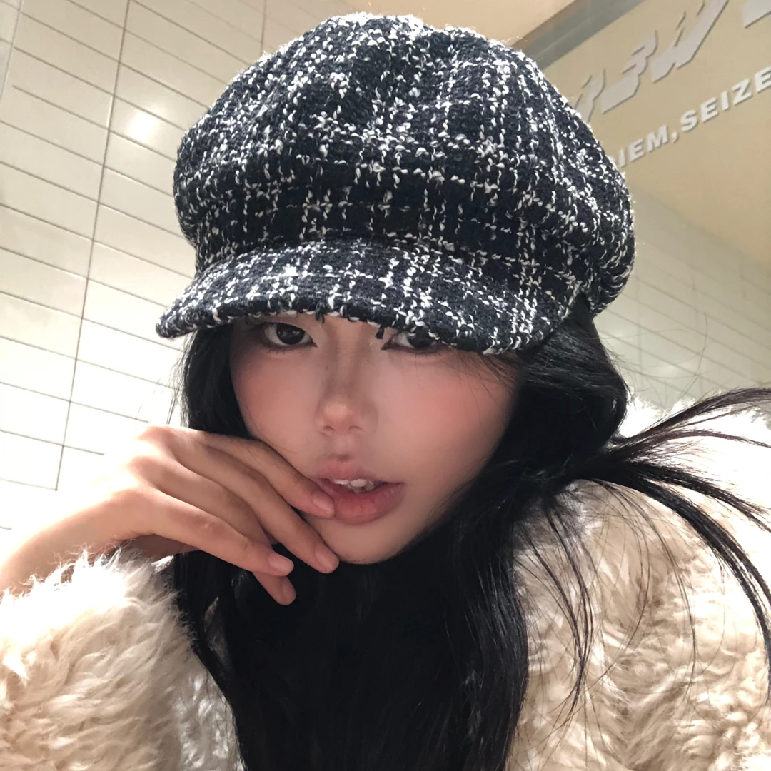 韩版ins小香风千鸟格八角帽子女秋冬百搭复古英伦格子报童画家帽