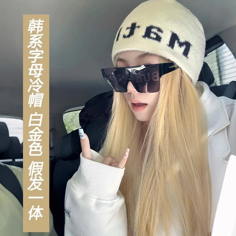 假发帽子一体女白金长发秋冬新款针织帽滑雪冷帽包头帽整顶假发帽