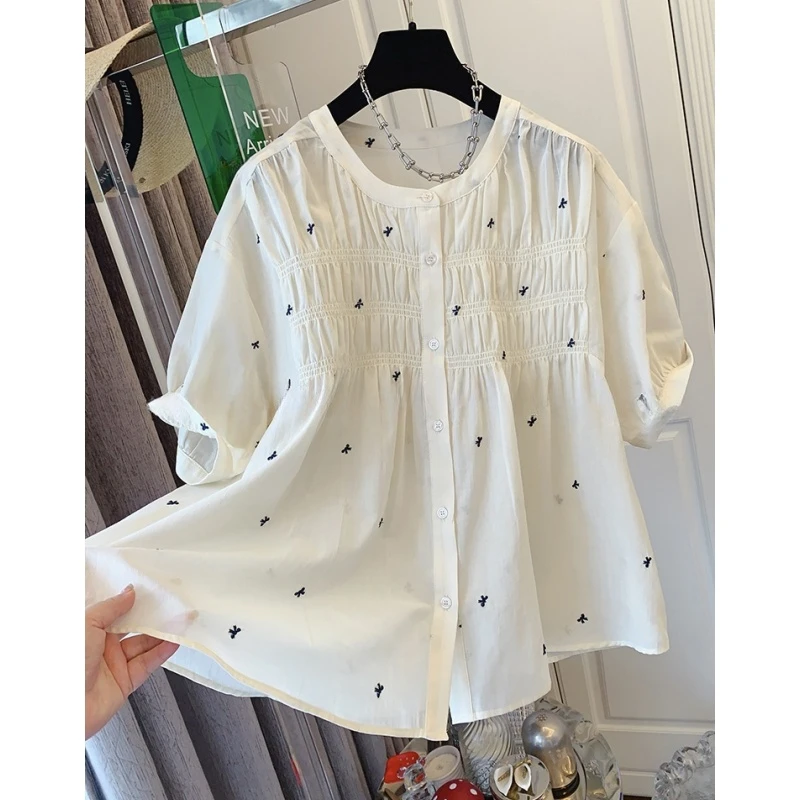 超好看法式复古文艺刺绣蝴蝶结短袖衬衫娃娃衫宽松时尚棉布上衣女