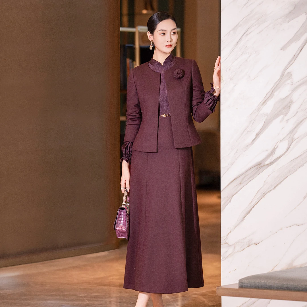 赤华--首尚格释冬季新款羊毛旗袍领A字大摆修身显瘦气质套装