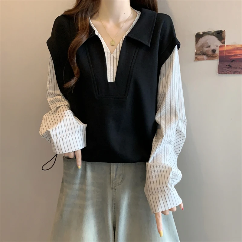 新品秋季胖MM新款韩版设计感条纹拼接POLO领宽松百搭假两件卫衣潮