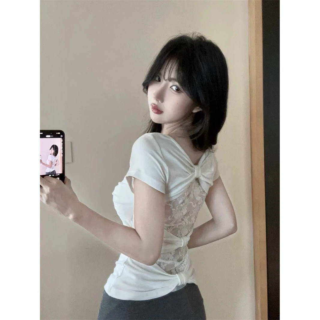 后背镂空蕾丝短袖T恤女设计感小众夏季纯欲辣妹掐腰上衣独特漂亮