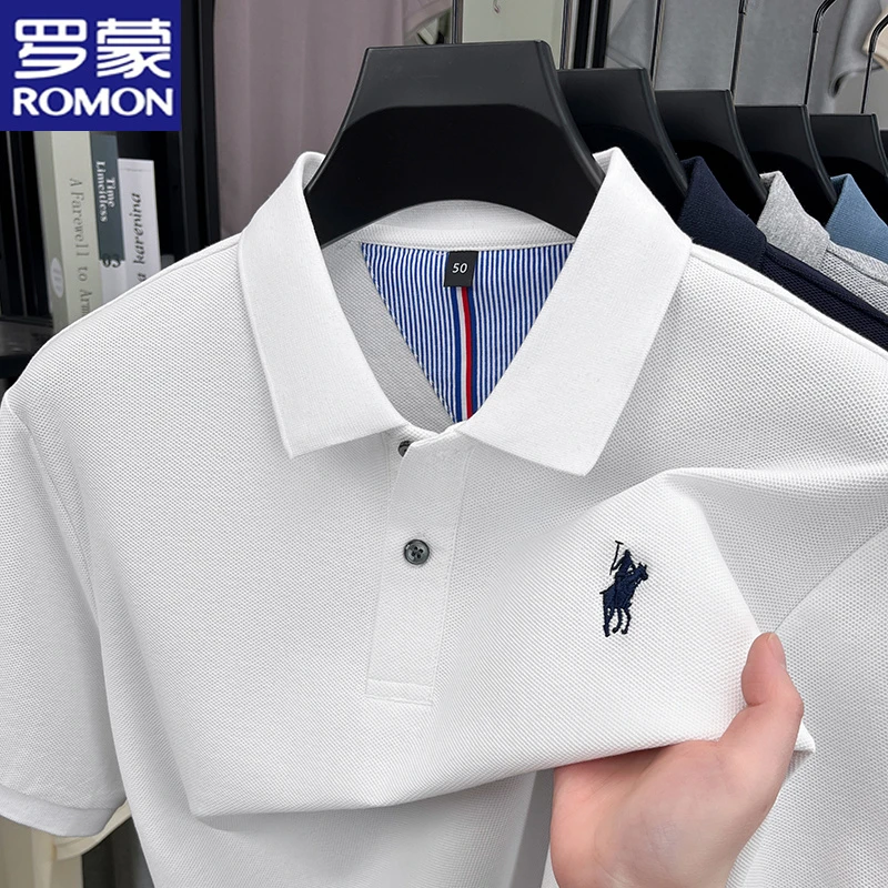 罗蒙100%纯棉夏季Polo衫清凉短袖新款休闲百搭宽松t恤刺绣薄款
