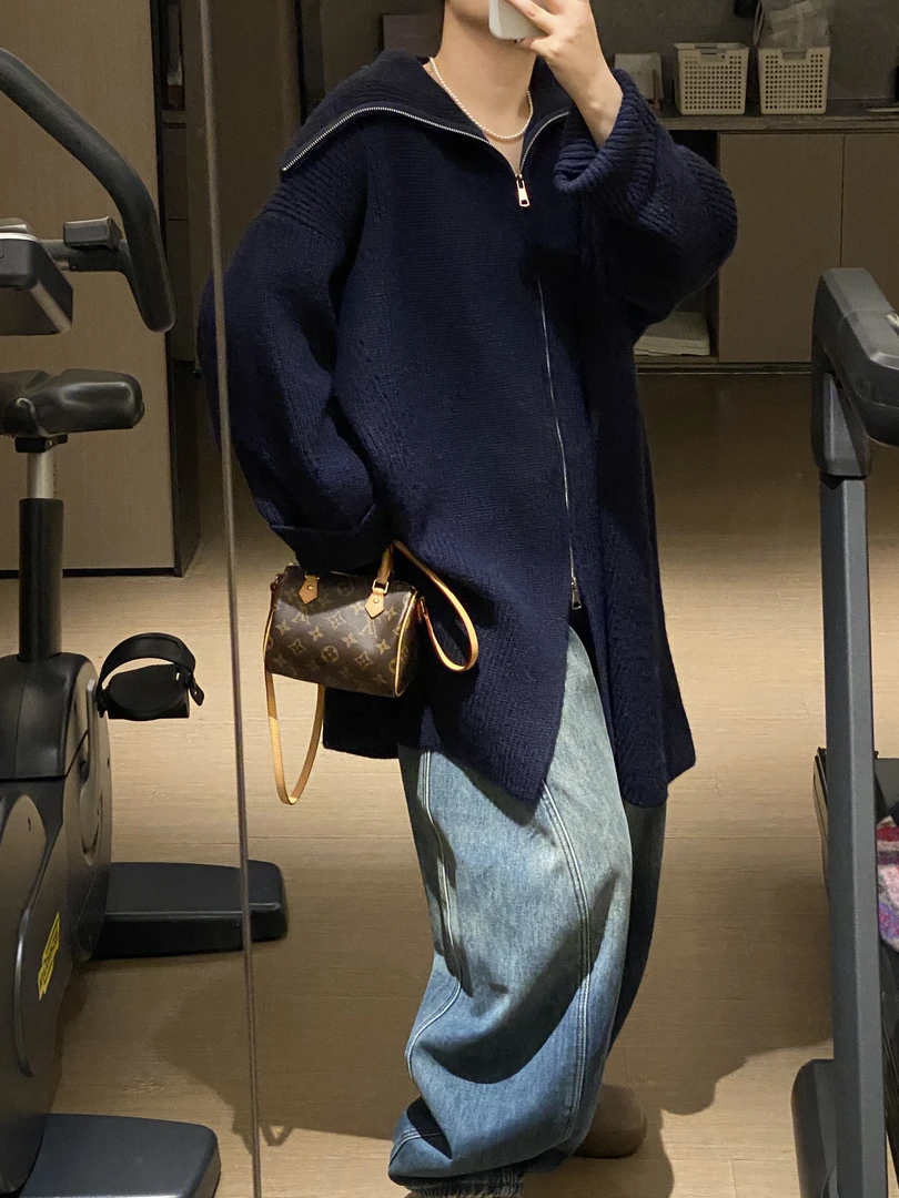 韩系欧尼双拉链翻领针织开衫女秋冬新款慵懒风宽松中长款毛衣外套