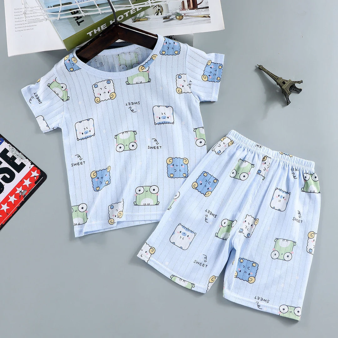 儿童短袖短裤套装纯棉夏季男女童卡通薄款家居服宝宝睡衣空调服