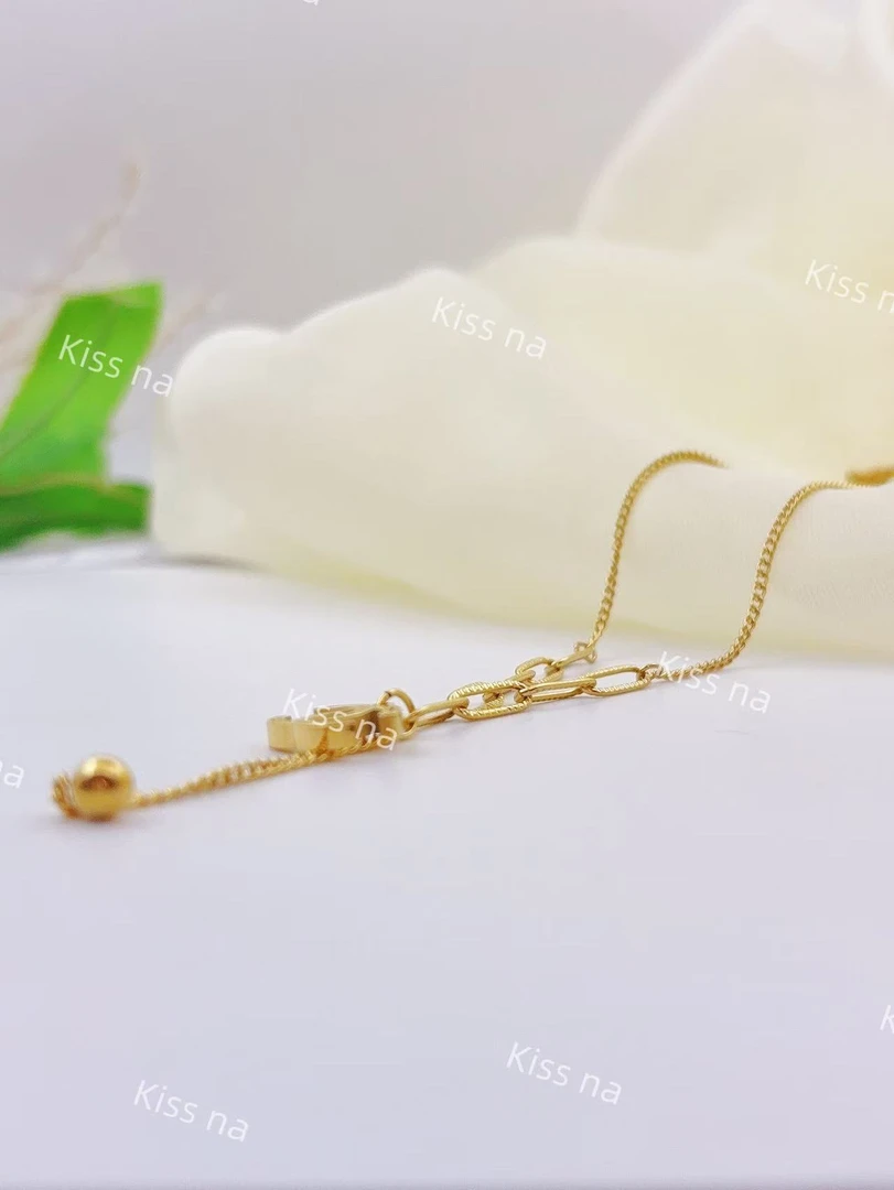 钛钢项链 【Kiss娜】钛钢4361时尚回形针字母流苏豆豆项链锁骨链