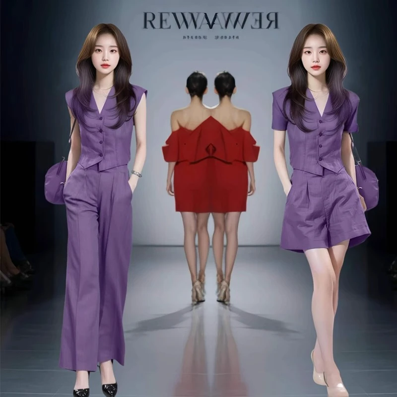 夏季新款时尚套装女洋气质减龄显瘦V领无袖衬衫高腰阔腿裤两件套