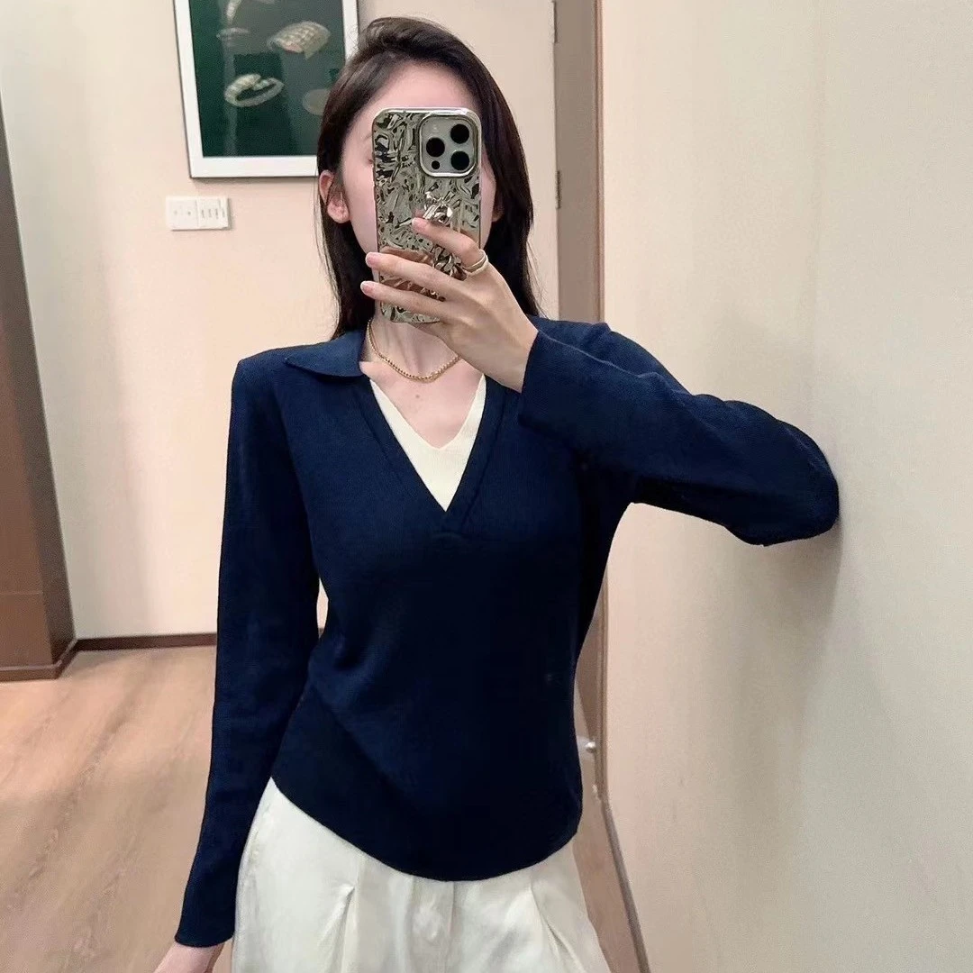 薄款设计感毛针织衫套头款秋冬拼色翻领洋气长袖百搭秋季V领通勤