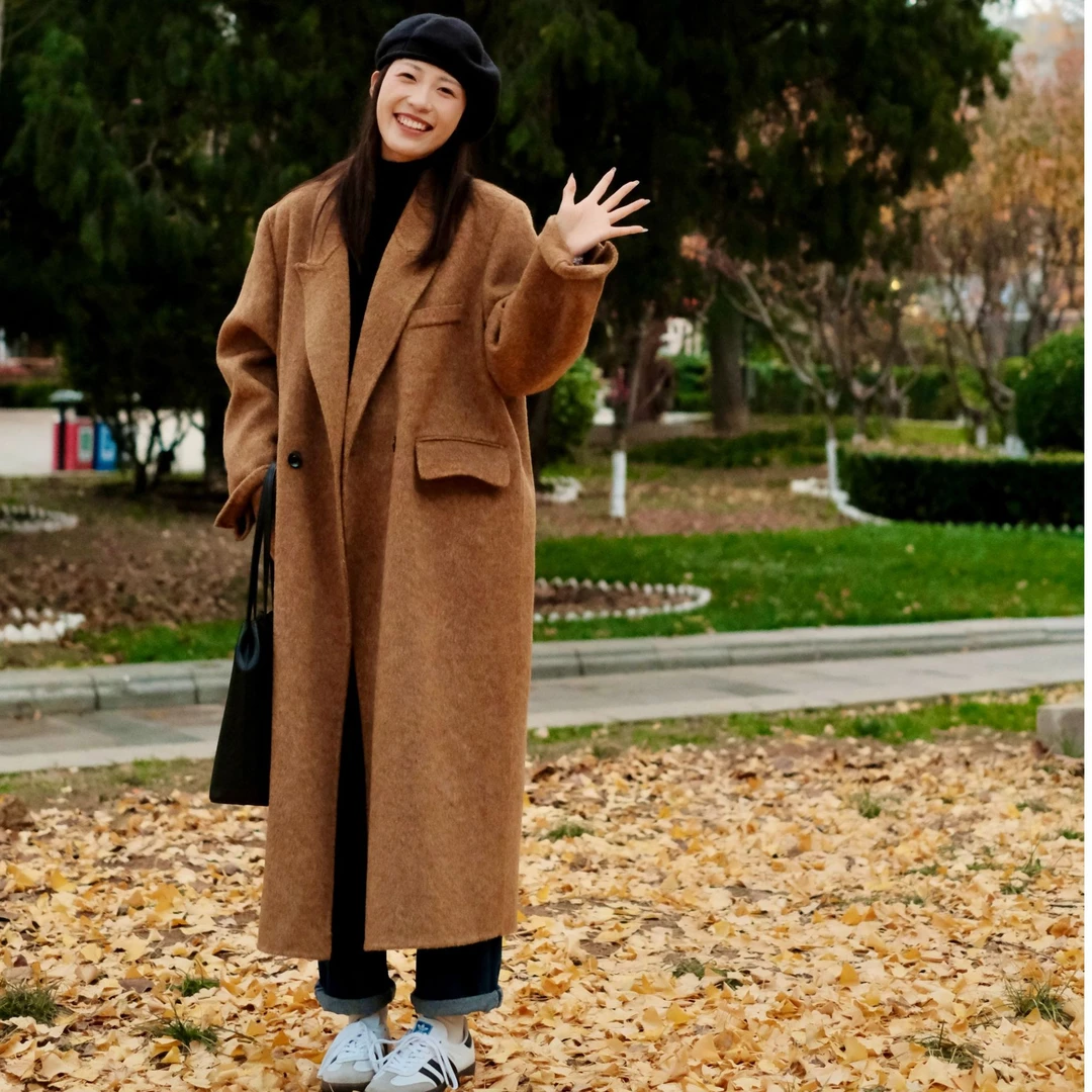 【韩剧女主】25新款韩男友风羊毛外套 双面羊毛大衣女中长款宽松