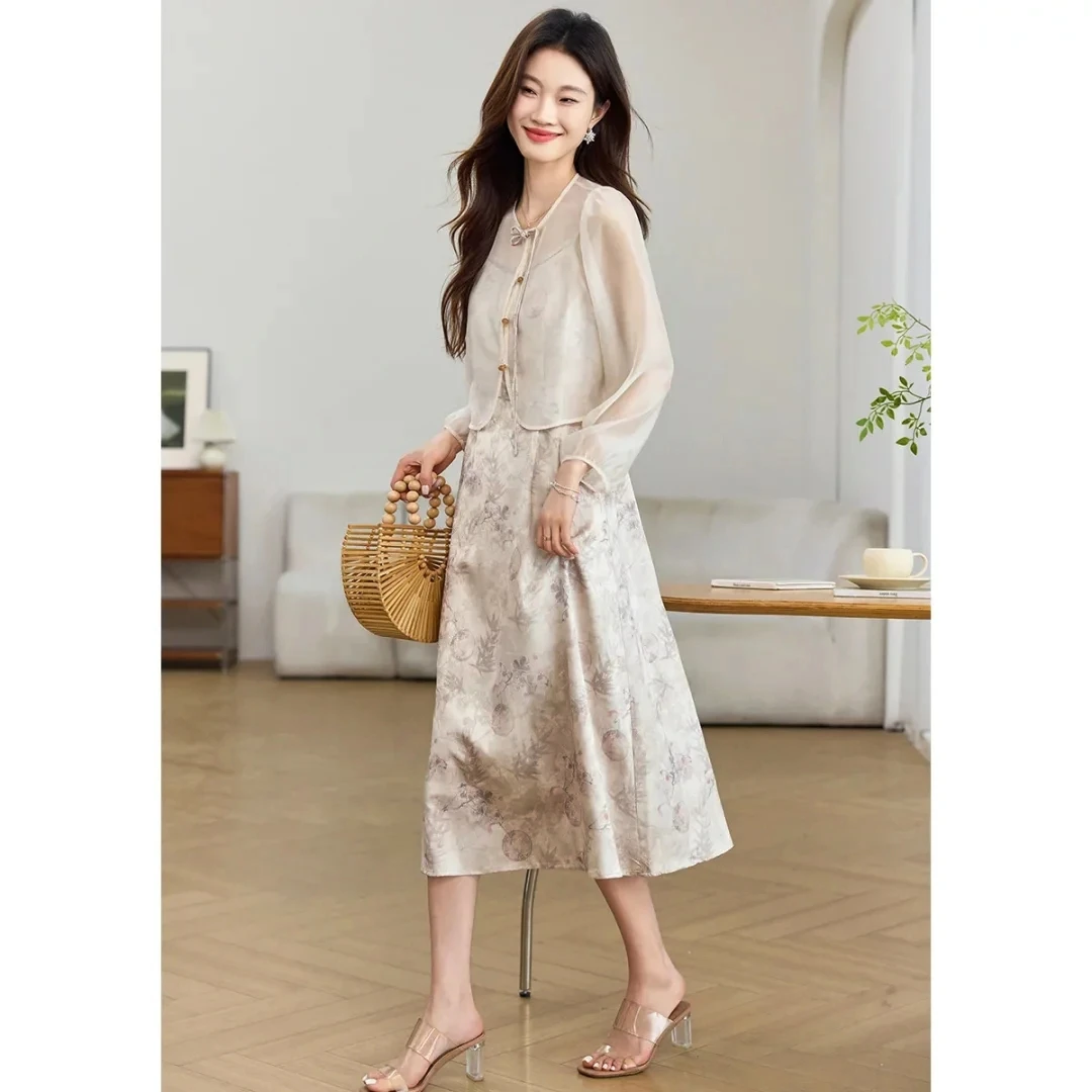 【房房工厂店】D060夏季新款2025吊带连衣裙两件套国风防晒女式套装