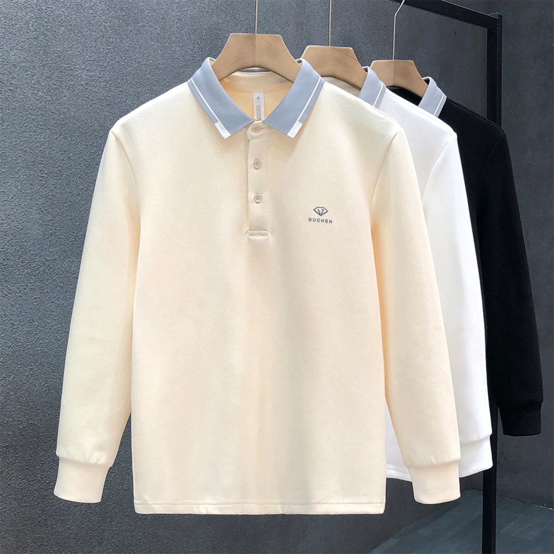 法尔利格秋季潮流男士杏色翻领长袖polo衫气质上衣带领百搭T恤