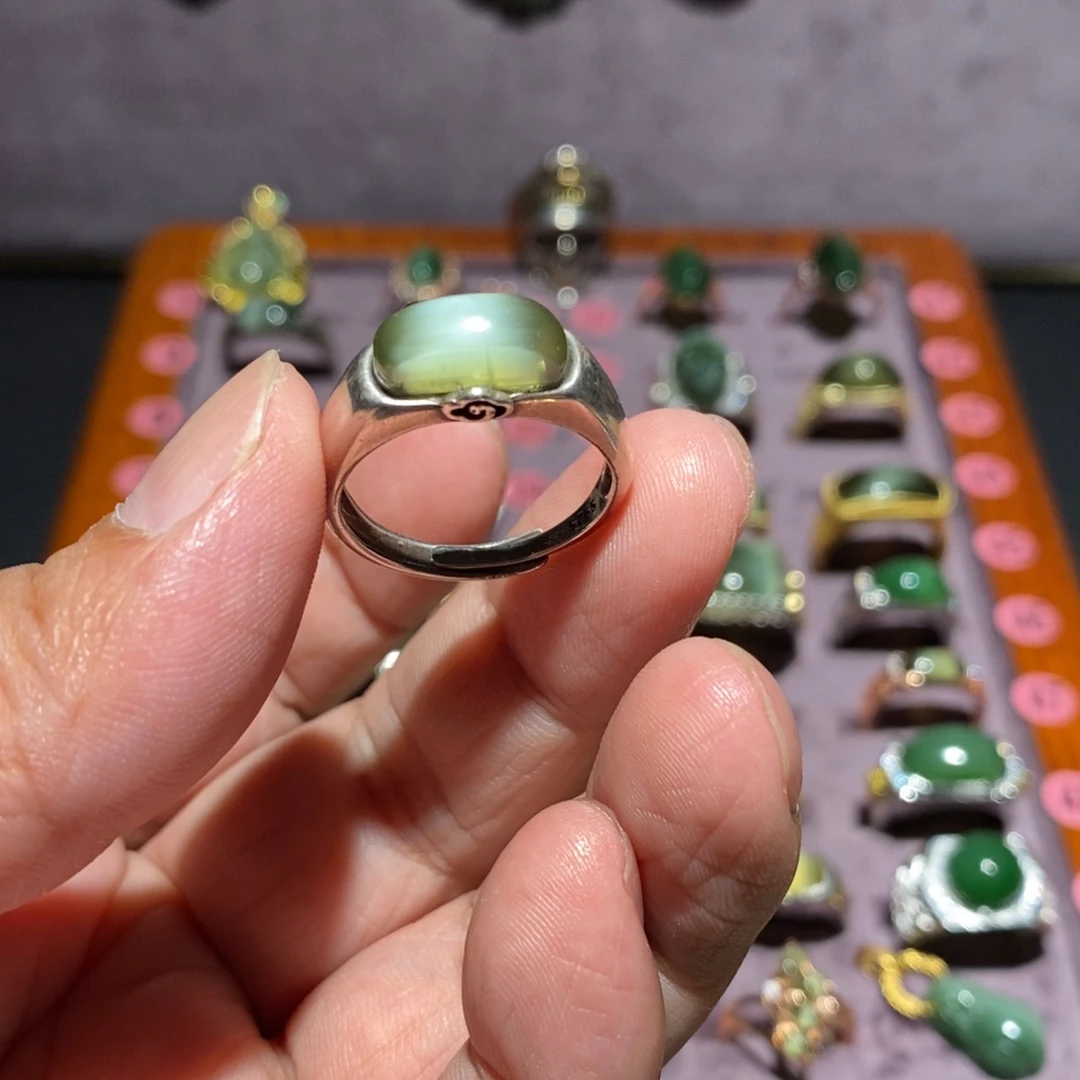 流***球和田玉（碧玉）银S925镶嵌戒指
