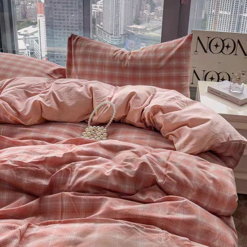 全棉色织水洗棉四件套格子亲肤简约棉被罩