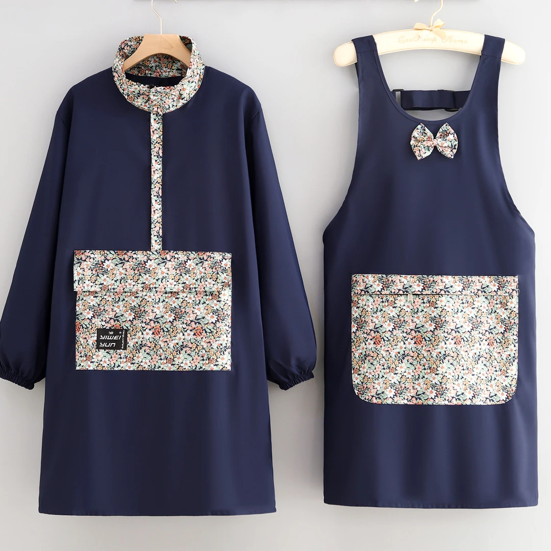 洋气防泼水罩衣厨房家用围裙复古围腰防污餐饮上班长袖工作服成人