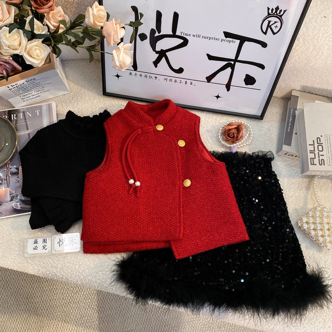 M萌宝冬装女童国风盘扣加绒短裙喜庆红色女童马甲套装6346