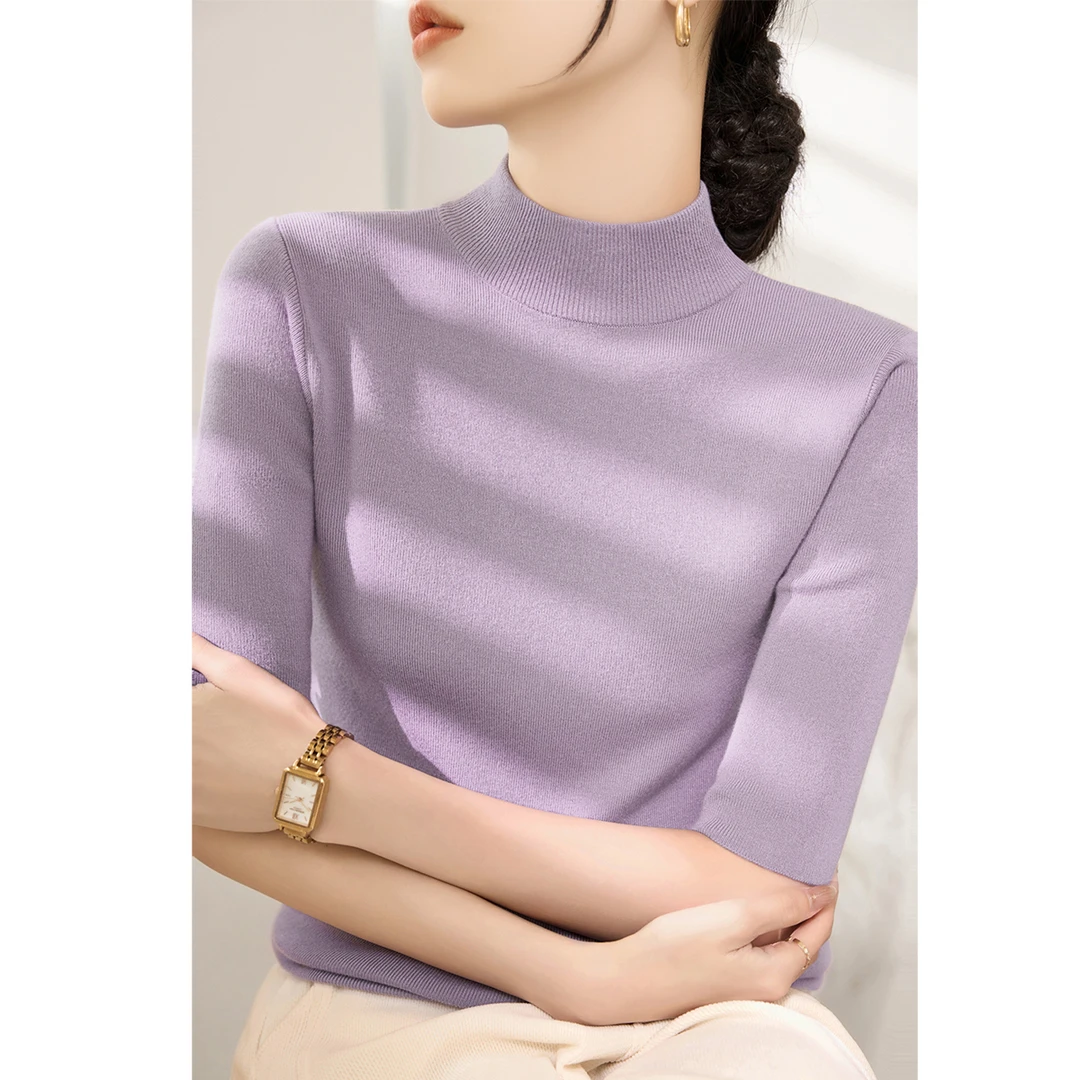韩系穿搭紫色半高圆领中袖针织衫内搭女装秋季新款套头舒适上衣