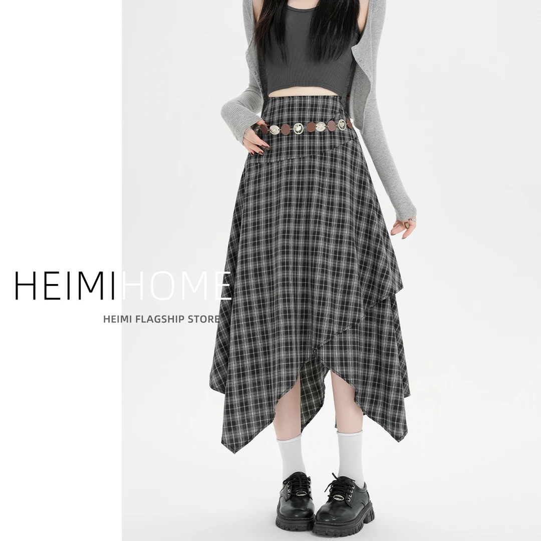 气质不规则半身裙女春夏秋显瘦设计感a字格子裙小个子高腰中长裙