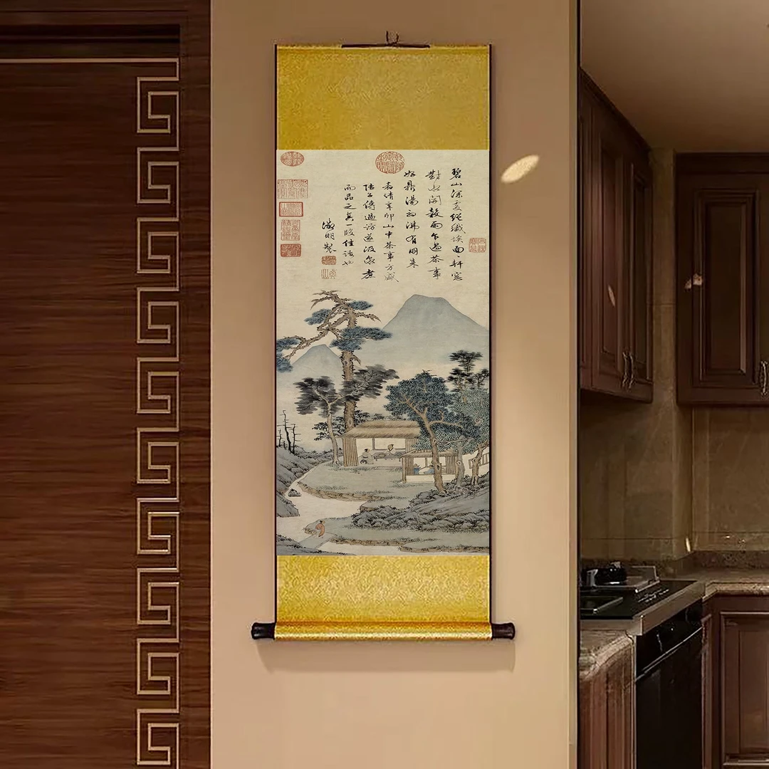 A33精装140*45《品茶图》中式数字微喷立式挂画卷轴画