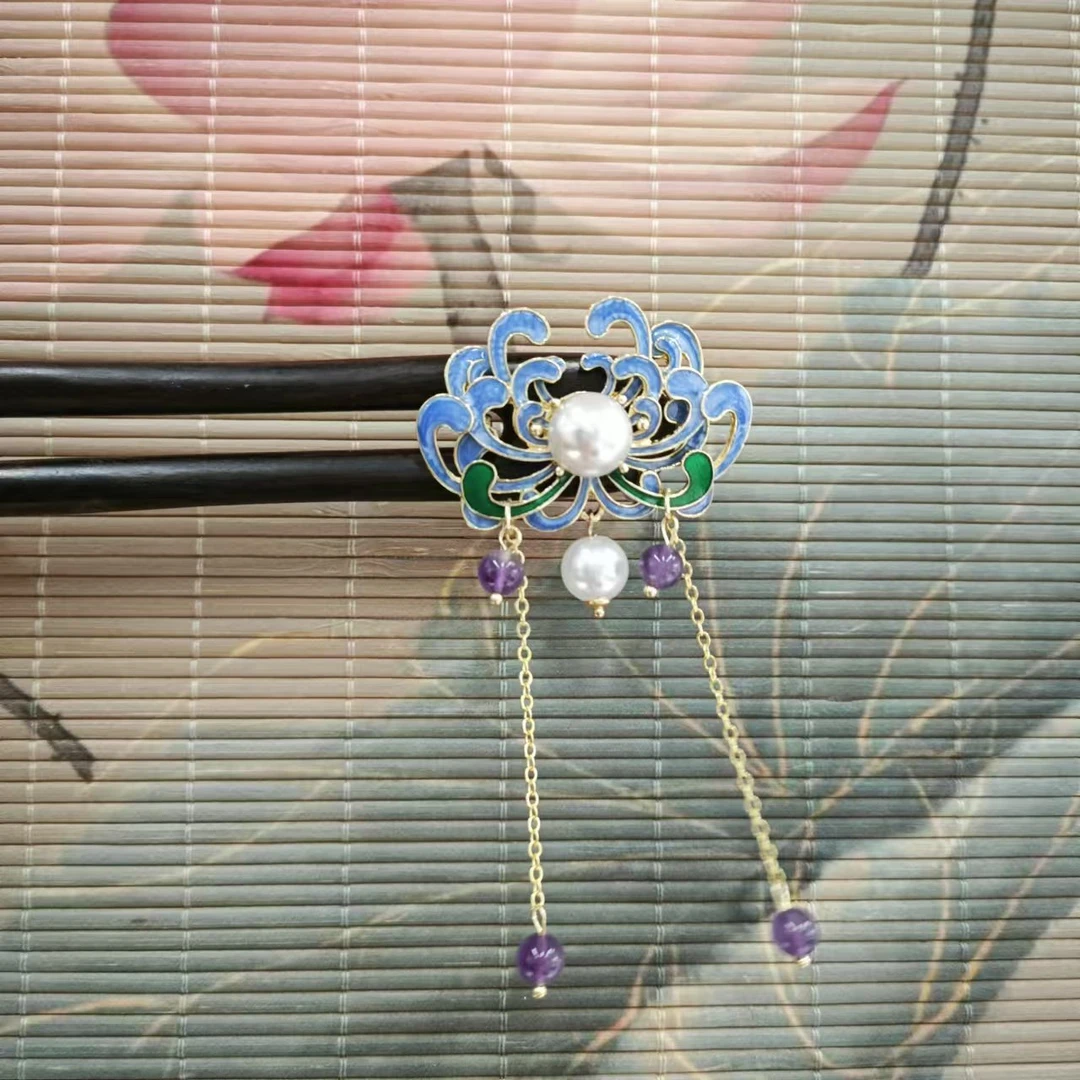 J360蓝色长流苏发簪百搭时尚双钗发簪