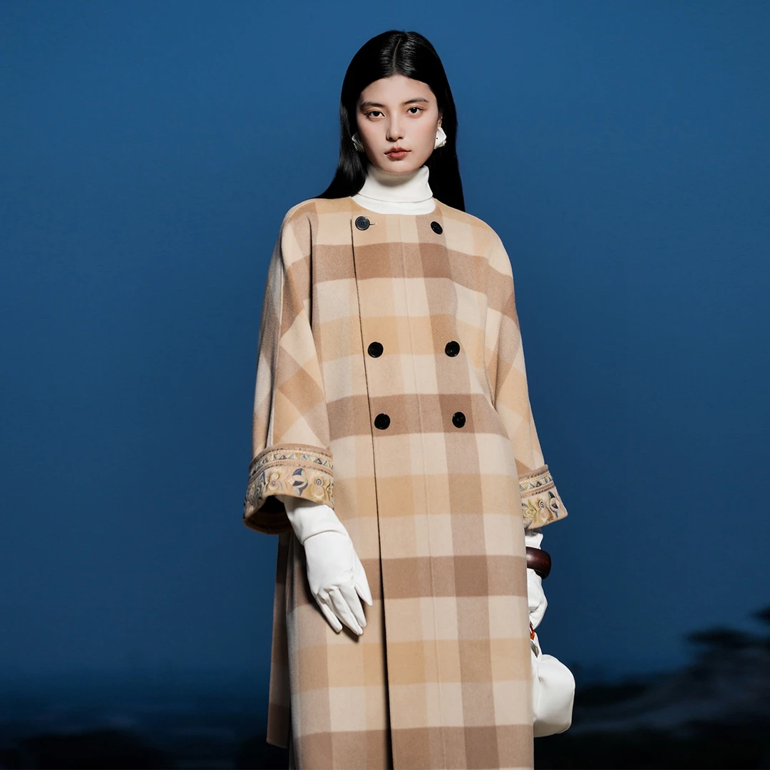 浒城古娘国风绵羊毛中长款格子减龄秋冬静格双面呢大衣CCL11567