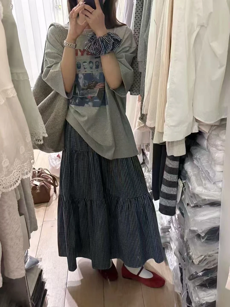 美式复古字母印花短袖T恤高腰格子半身裙上衣潮女装