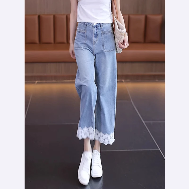 拉夏贝尔直筒牛仔裤女2025年新款夏季薄款拼接蕾丝花边九分阔腿裤
