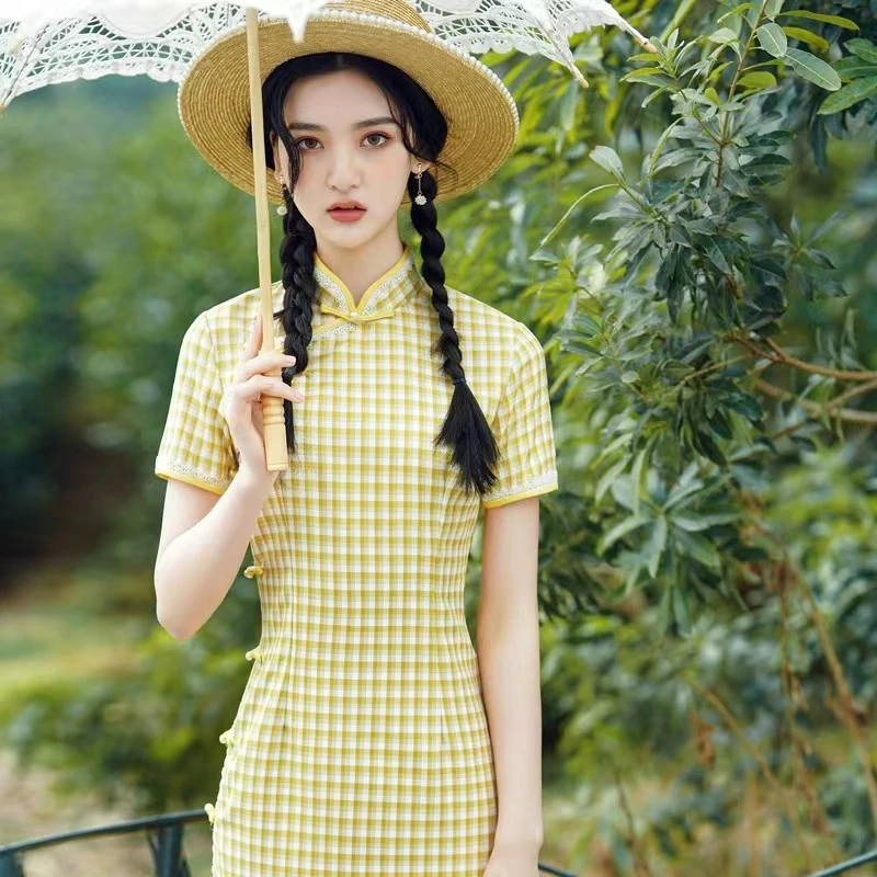 恬子梦 T748 夏季新款 黄格子 裙长100 年轻款旗袍