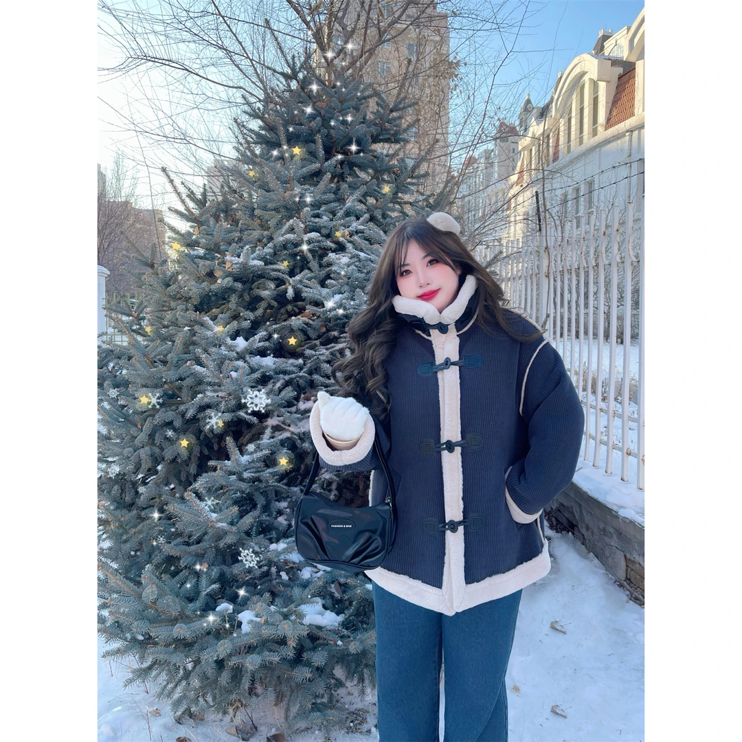 冬日美纪 / 铁灰色灯芯绒拼接保暖外套13048花契200斤胖mm潮流