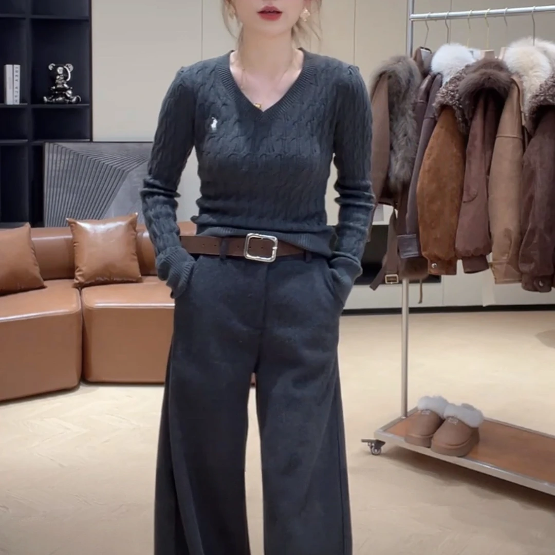 设计师刺绣厚款V领针织衫女冬季新款时尚气质百搭长袖打底衫毛衣