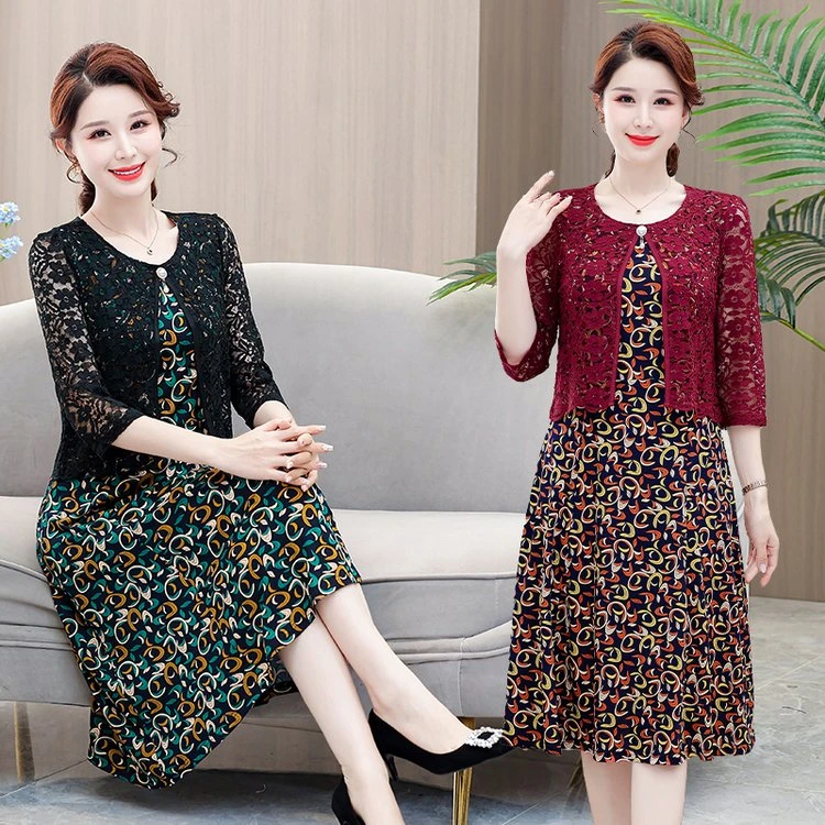 妈妈连衣裙女2023新款春夏时尚气质假两件碎花裙中老年显瘦打底裙