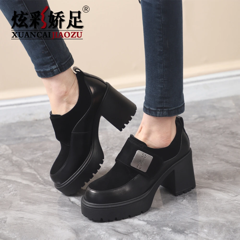 女鞋2025春秋新款真皮方高跟粗跟厚底小个子工作单鞋英伦风小皮鞋