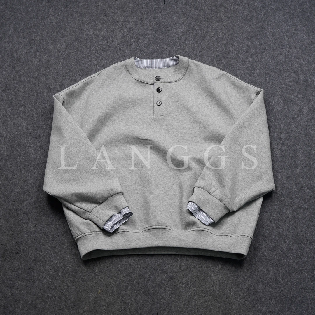 LANGGS&浪叔 春季高棉混纺亨利领套头假两件百搭卫衣-SS5164