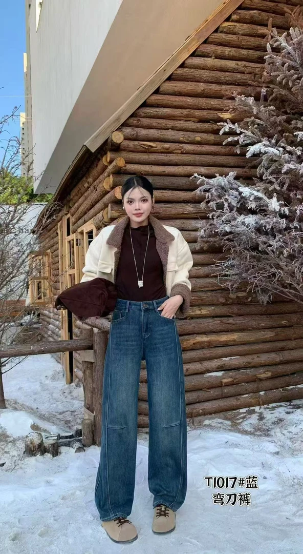 蓝色加绒加厚镰刀牛仔裤2025年冬季时尚潮流新款高弹显瘦弯刀裤潮