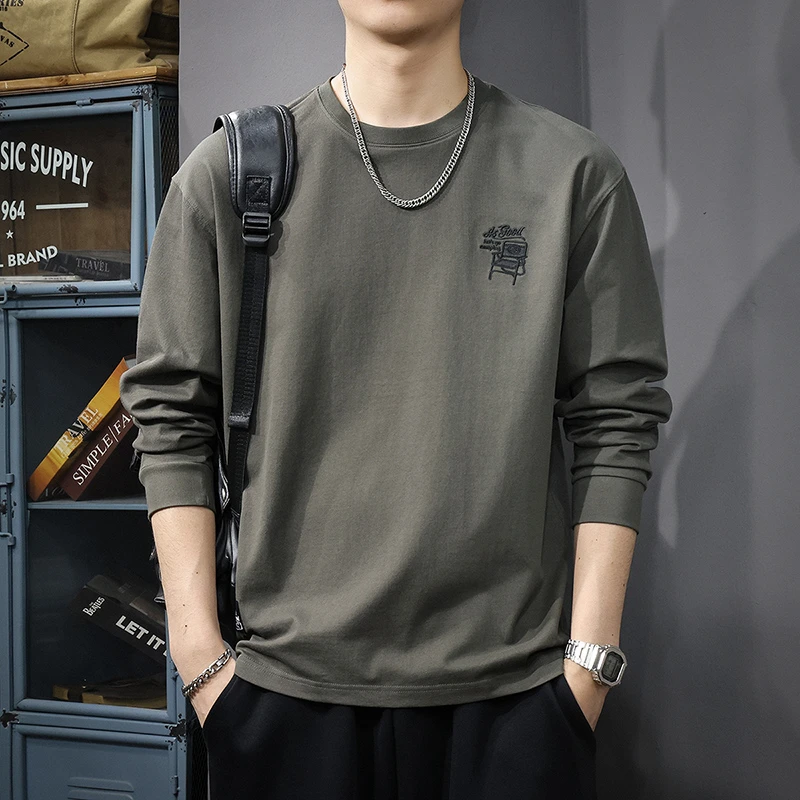 CALTOKROSA2025新款秋季长袖t恤男薄款休闲宽松男士刺绣打底衫潮